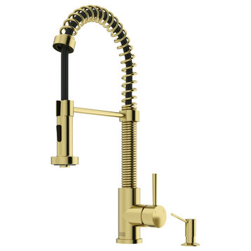 VIGO Edison Pull Down Kitchen Faucet with Soap Dispenser, Matte Brushed Gold