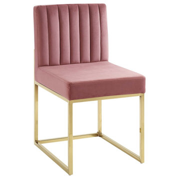 Chi Velvet Dining Chair, Channel Tufted Side Chair, Glam Gold Guest Chair, Pink
