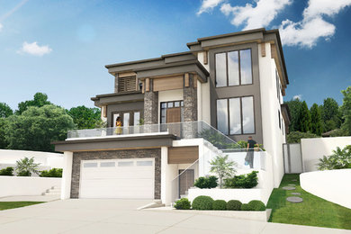 Inspiration for a large contemporary white three-story stucco flat roof remodel in Vancouver