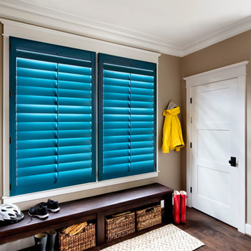 Family Mudroom Entry Way | Custom Hardwood Shutters in Teal
