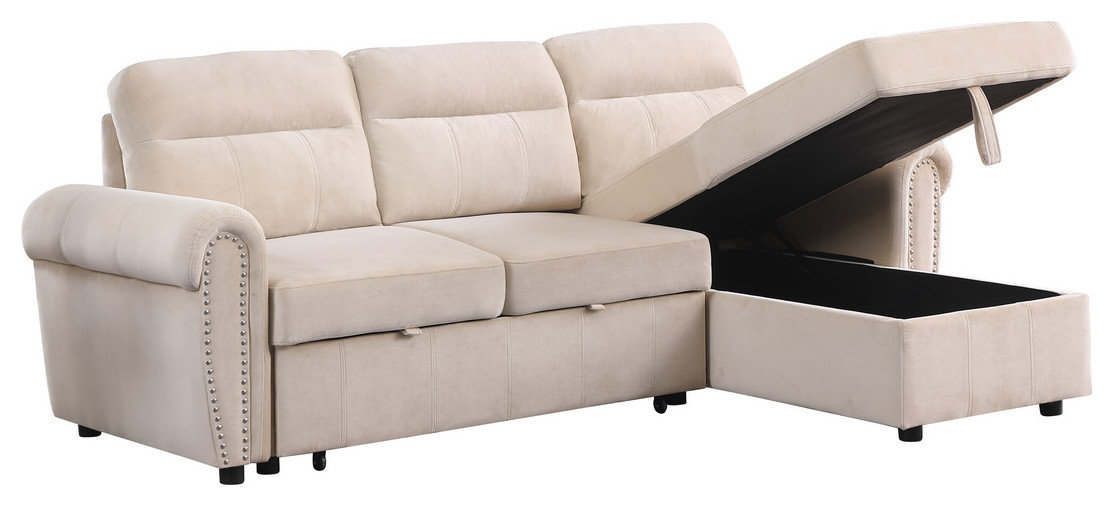 Ashton Velvet Fabric Reversible Sleeper Sectional Sofa Chaise ...