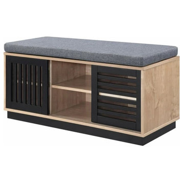Modern Storage Bench, Sliding Slatted Doors & Gray Cushioned Seat, Oak/Espresso