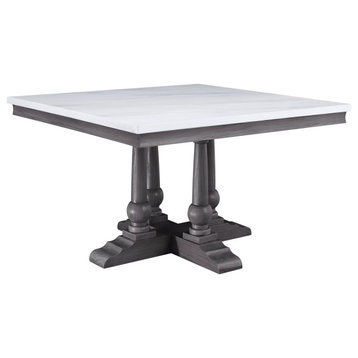 Elegant Dining Table, Square Faux Marble Top With Turned Wooden Base, Gray Oak
