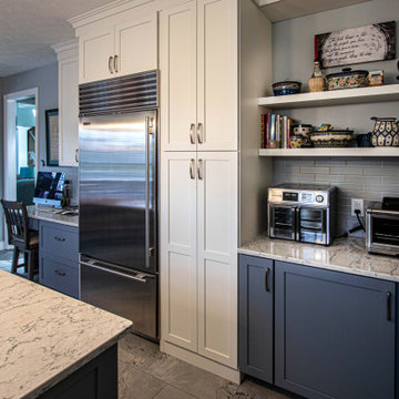 Two Tone Medallion White and Blue Kitchen with Gray Backsplash