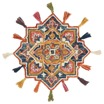Wool Colorful Tassels Remy Area Rug, 3'0"x3'0" Round, Navy/Spice