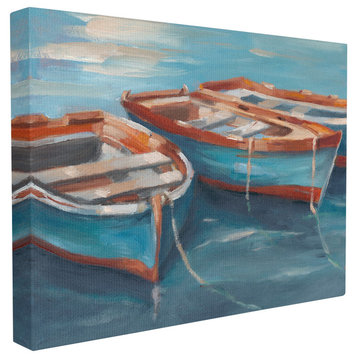Red White & Blue Row Boats At Dock Painting Canvas Wall Art, 24"x30"
