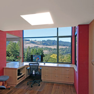Medium sized modern study in San Francisco with red walls, medium hardwood flooring, no fireplace and a built-in desk.