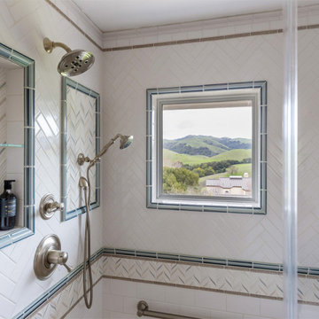 Country Chic Walk In Shower With Traditional Hardware and Ceramic Tile Niche