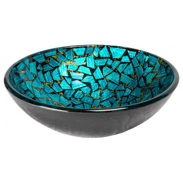 Blue and Gold Mosaic Round Glass Vessel Sink for Bathroom, 16.5 Inch