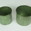 Set of 2 Native Geometric Pattern Stamped Metal Planters With Wooden Stands