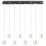 ET2 - Newton 8-Light LED Pendant, Black / Gold - Clear apple shaped glass rest on machined aluminum fonts finished in Satin Brass with integrated LED for even Illumination without the glare. The large scale 25 light comes pre-arranged for ease of installation and is perfect for that tall ceiling application.
