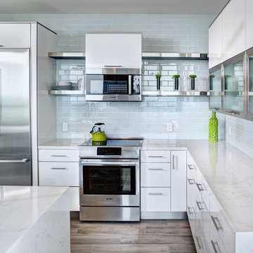 depiction of stainless steel shelves, toe kick and crown molding.