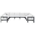 Meridian Furniture - Nizuc Water Resistant Patio U-Shaped Modular Sectional, White, 9-Piece: 5 Armless Chair, 4 Corner Chair, Dark Gray Aluminum Frame - Pick and choose your favorites from the Nizuc collection to create a modular seating group the whole gang will enjoy. The sturdy aluminum frame provides dependable support for friends and family as they relax and unwind, and the resilient white water resistant fabric stands up to the elements without losing its beautiful demeanor, so you can count on it lasting for the long haul. Latches beneath these seating pieces help you easily attach them to one another for convenient setup.