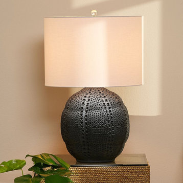 Elegant Pierced Black Porcelain Table Lamp 25 in Abstract Modern Coral Organic