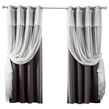 Tulle Sheer with Attached Valance & Solid Blackout Mix & Match, Dark Grey, 52"x9