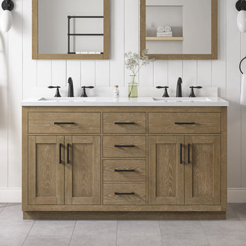 OVE Decors Bailey 60" Double Sink Bathroom Vanity With Power Bar, Driftwood Oak
