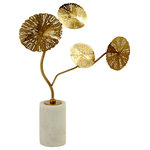 Harp and Finial - Kote Tree Statue Small Gold Finish on Metal with White Marble Base - Combining a white marble base with gold metal abstract tree figurines, the small Kote Tree Statue is a transitional tabletop sculpture. Add this tree sculpture to a table in a living room, family room, or foyer. With its white base and metallic accents, this short tree statue makes a bright focal point in any room.