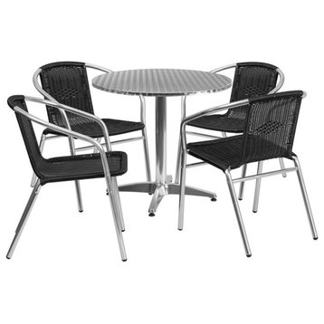 31.5'' Round Aluminum Indoor-Outdoor Table Set with 4 Black Rattan Chairs