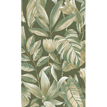Tropical Jungle Leaves Textured Double Roll Wallpaper, Green, Sample