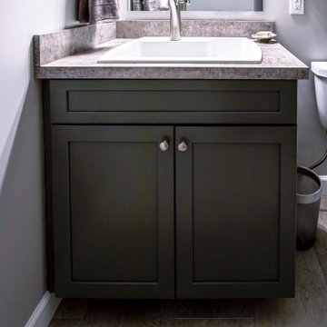 Powder Room with Waypoint Gray Vanity and Linen Cabinet w/ Laminate Countertop