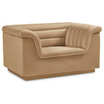 Meridian Furniture - Cascade Upholstered Set, Camel, Velvet, Chair - Add instant modern pizzazz to your living room or den with this Cascade velvet fabric chair. Upholstered from top to bottom in soft camel velvet upholstery, this chic chair adds contemporary flair to any space you choose to use it in. Curved arms and a sleek profile make this chair beautiful to behold while deep channel tufting adds to its long-term durability and adds a textural feel. Thickly padded arms, back and seat make this chair perfect for curling up in while watching TV or reading the latest bestseller.
