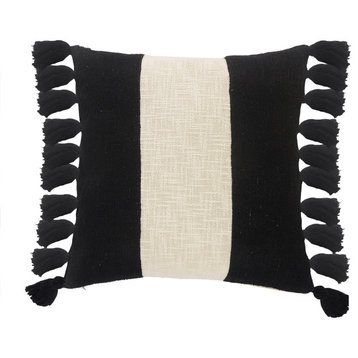 Tri-Stripe Black and Ivory Fringe Pillow