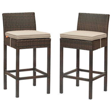 Modern Outdoor Patio Bar Stool Chair, Set of Two, Fabric Rattan, Brown Beige