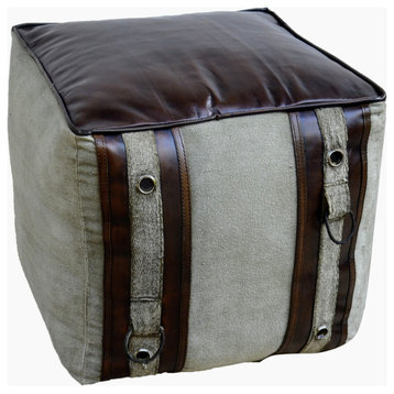 Square Canvas Leather Pouf Luna With Leather Accents