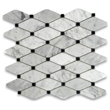 Long Octave Rhomboid Carrara Marble Mosaic Tile Black Dots Polished, 1 sheet