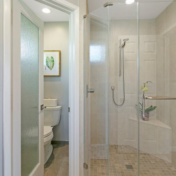 Transitional Corner Shower with Bench and Brushed Nickel Fixtures
