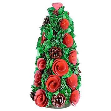 15.75" Red Wood Rose Flower and Pine Cones Christmas Cone Tree Decoration