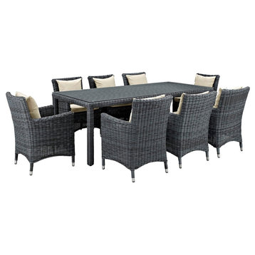 Modern Urban Outdoor Patio 9-Piece Dining Chairs and Table Set, Beige, Rattan