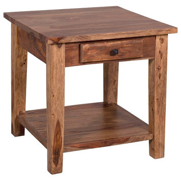 Rustic End Table, Square Top With Storage Drawer & Lower Shelf, Brown Finish