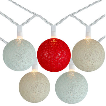 10 Red  Green and Cream Yarn Ball Patio Globe Lights - 8.6 ft White Wire