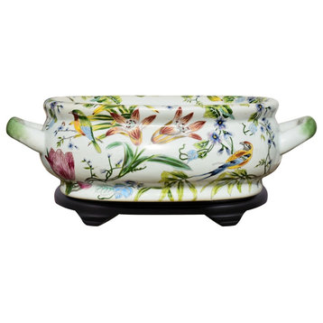 Multi Color Porcelain Foot Bath Basin Chinese Floral Bird Motif With Stand