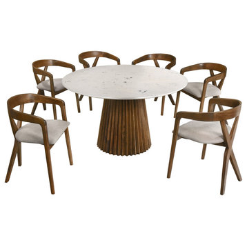 Modrest Nancy, Weiss Mid-Century Modern Marble, Walnut Dining Table Set