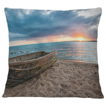 Rusty Row Boat on Sand at Sunset Seascape Throw Pillow, 16"x16"
