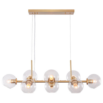 Modern 8-Light Glass Globe Linear Chandelier, Brass