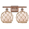 Farmhouse 2-Light Bath Vanity-Light, Antique Copper, White Glass With Brown Rope