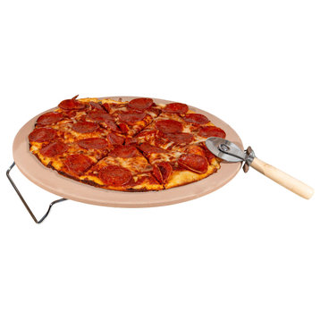 Pizza Stone 15" for Oven or Grill With Pizza Cutter and Metal Serving Rack