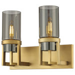 Innovations Lighting - Utopia 2 Light 8" Bath Vanity Light, Brushed Brass, Plated Smoke Glass - Modern and geometric design elements give the Utopia Collection a striking presence. This gorgeous fixture features a sharply squared off frame, softened by a round glass holder that secures a cylindrical glass shade.