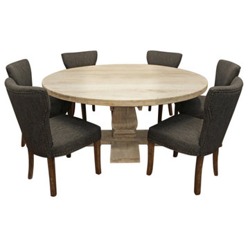 Benedict 7-Piece Dining Set, 70" Round Dining Table & 6 Dark Gray Linen Chairs