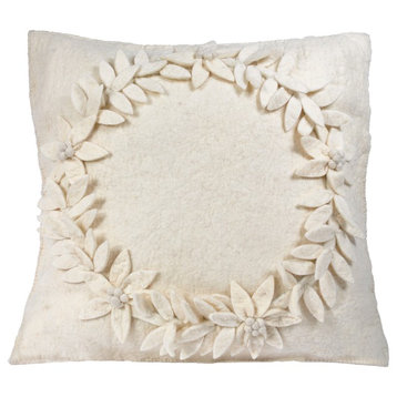 Hand Felted Wool Christmas Pillow Cover, Cream Wreath, 20"