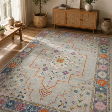 Hand-Knotted Grey Medallion Turkish Oushak Rug-Floral Diamond Design