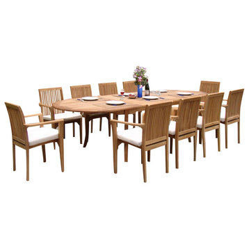 13-Piece Outdoor Teak Dining Set, 117" Oval Table, 12 Lua Stacking Arm Chairs