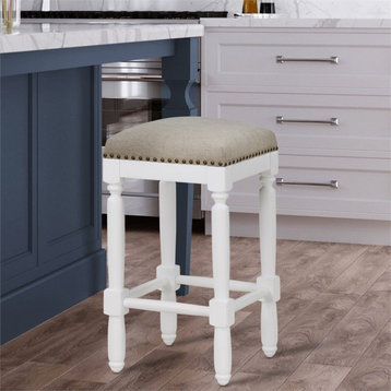 Comfort Pointe Farmington Wood Counter Stool in Taupe Beige/White with Nailheads