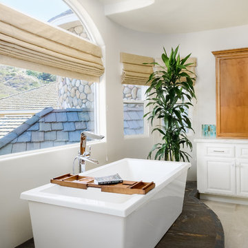White & Bright Master Bathroom w/ Teal mosaic tile backsplash & Freestanding tub