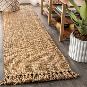 Pata Hand Woven Chunky Jute With Fringe Natural 2 ft. x 18 ft. Runner Rug