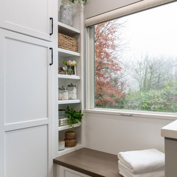A curated bathroom with clever storage and intricate, artful design