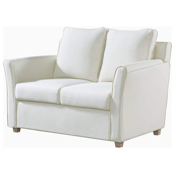 Transitional Loveseat, Unique Design With Cream Fabric Upholstery & Flared Arms